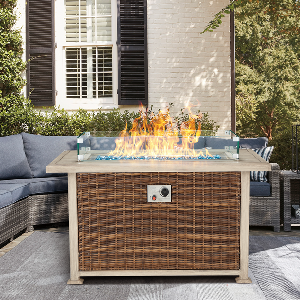 44 in Propane Fire Pit with Aluminum Table Top and Glass Wind Guard, Brown | Homrest furniture