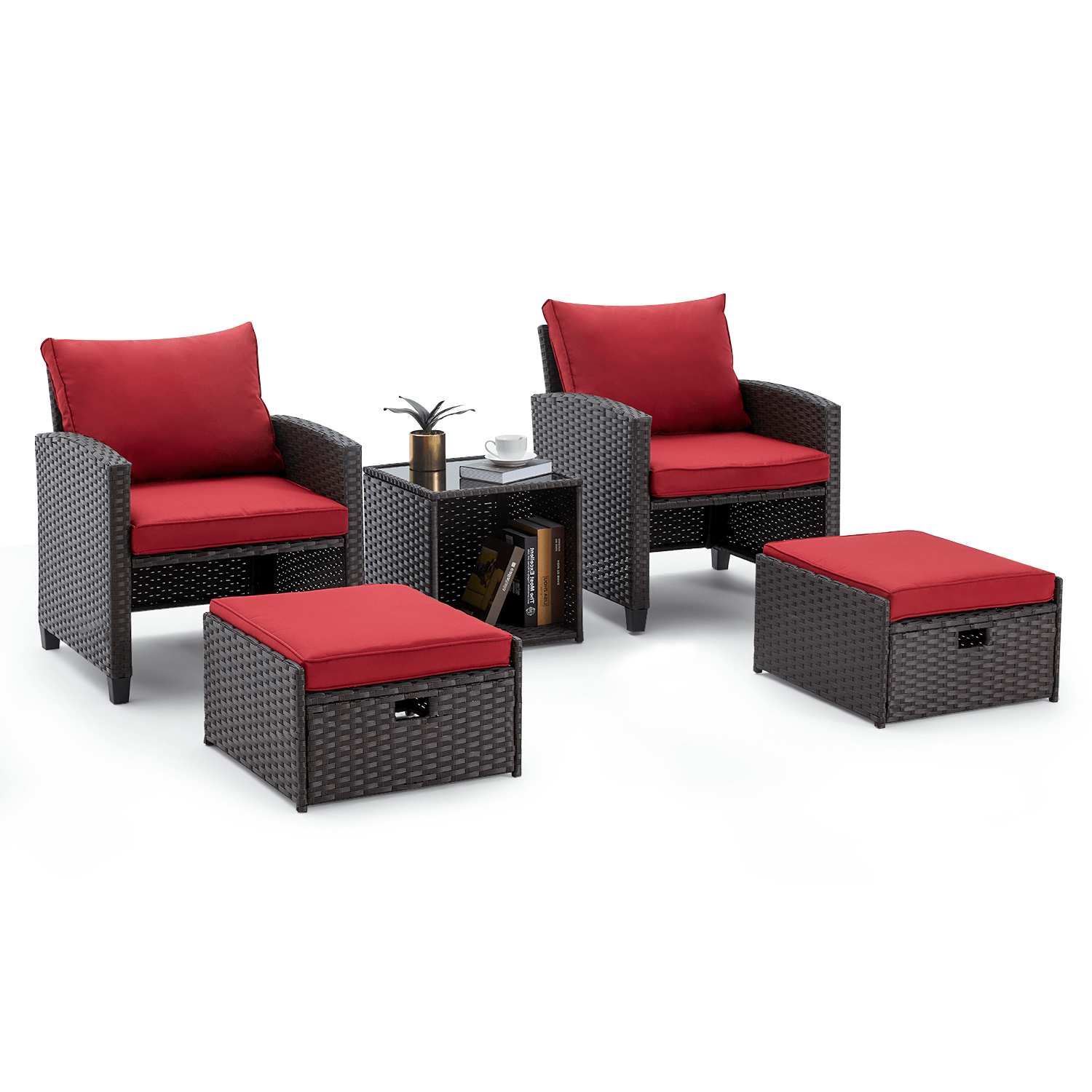 5 Pcs outdoor conversation set with ottoman and coffee table for porch, garden and balcony, wine red | Homrest furniture