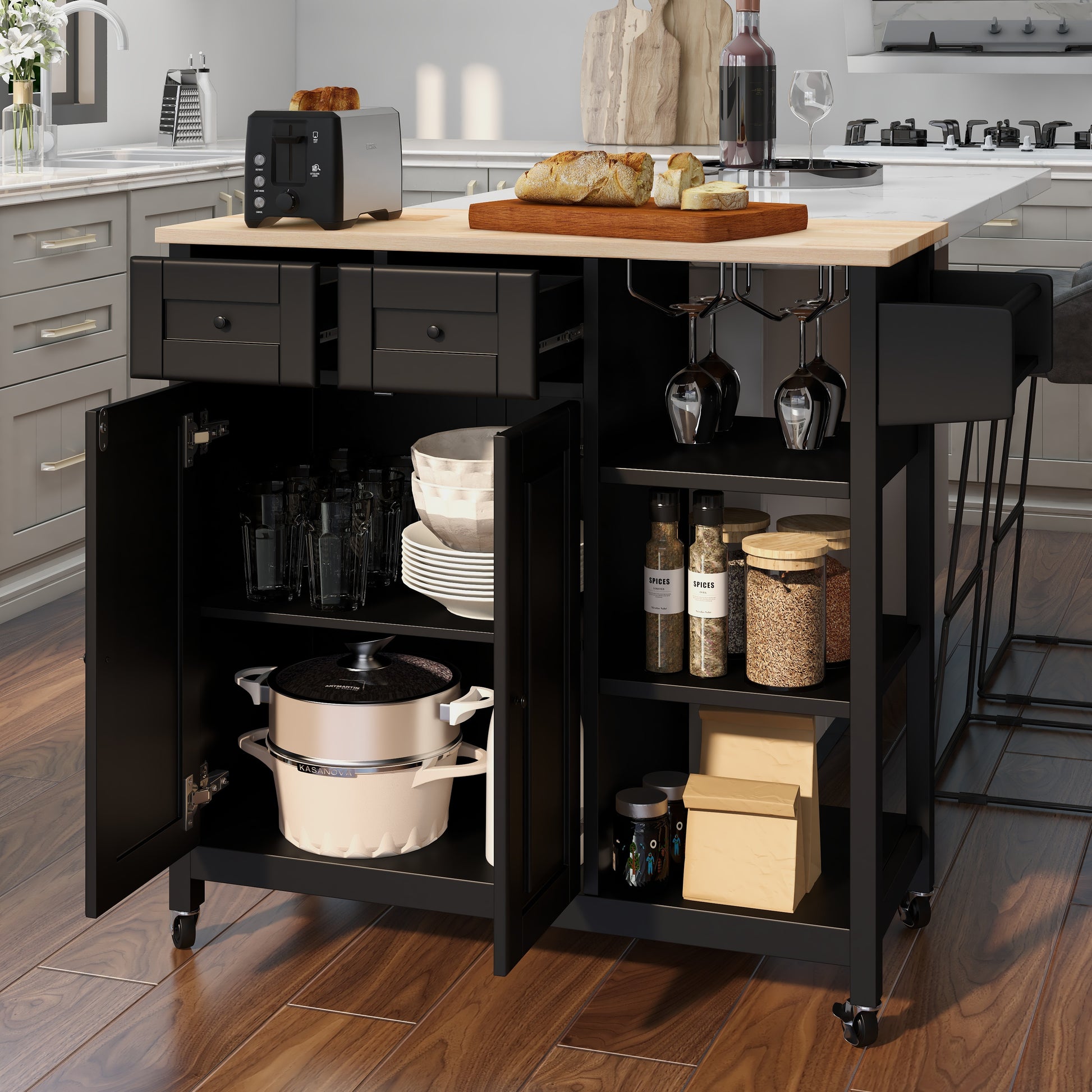 Homrest kitchen island on wheels, kitchen cart with cabinet and 3 layer shelves, black