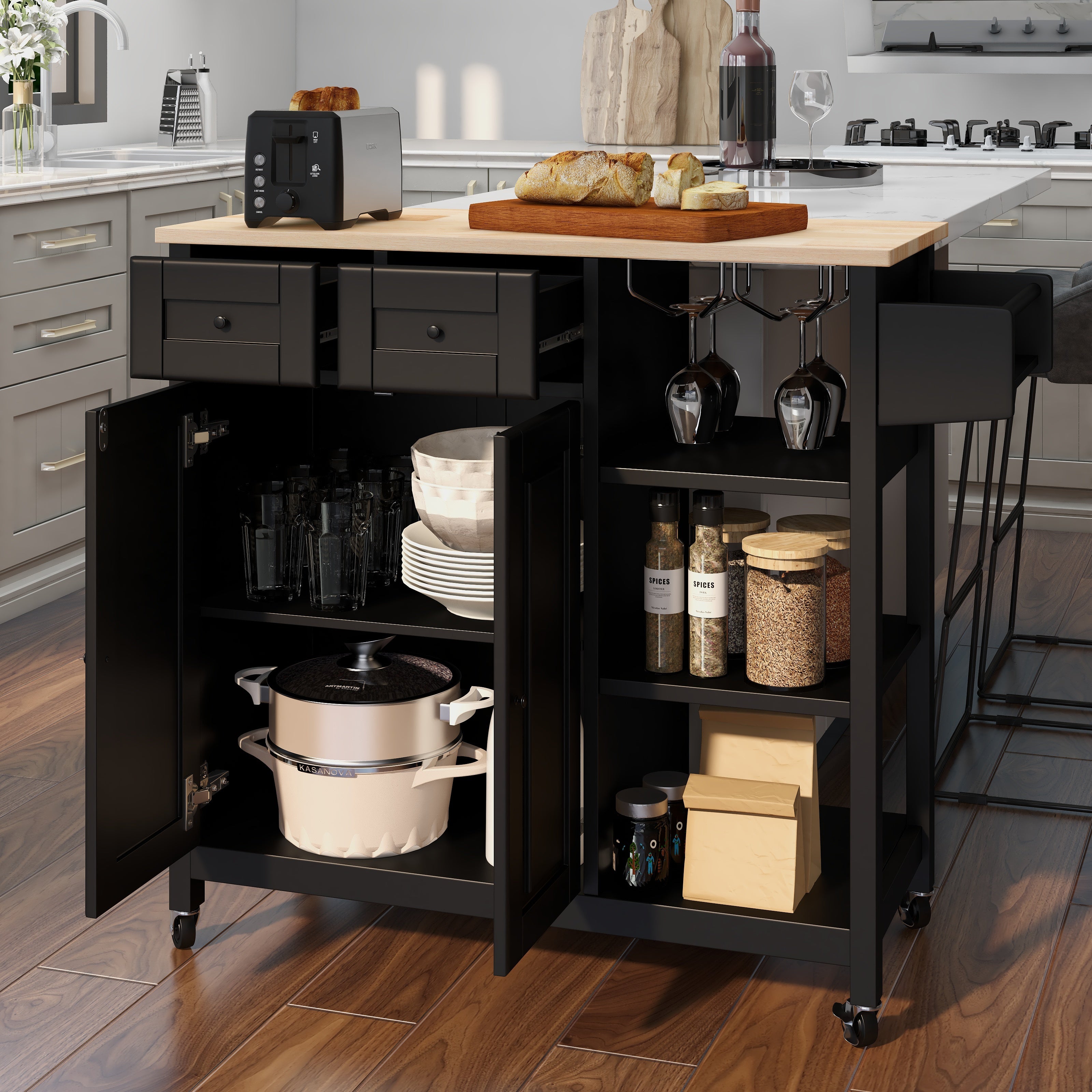 Homrest kitchen island on wheels, kitchen cart with cabinet and 3 layer shelves, black