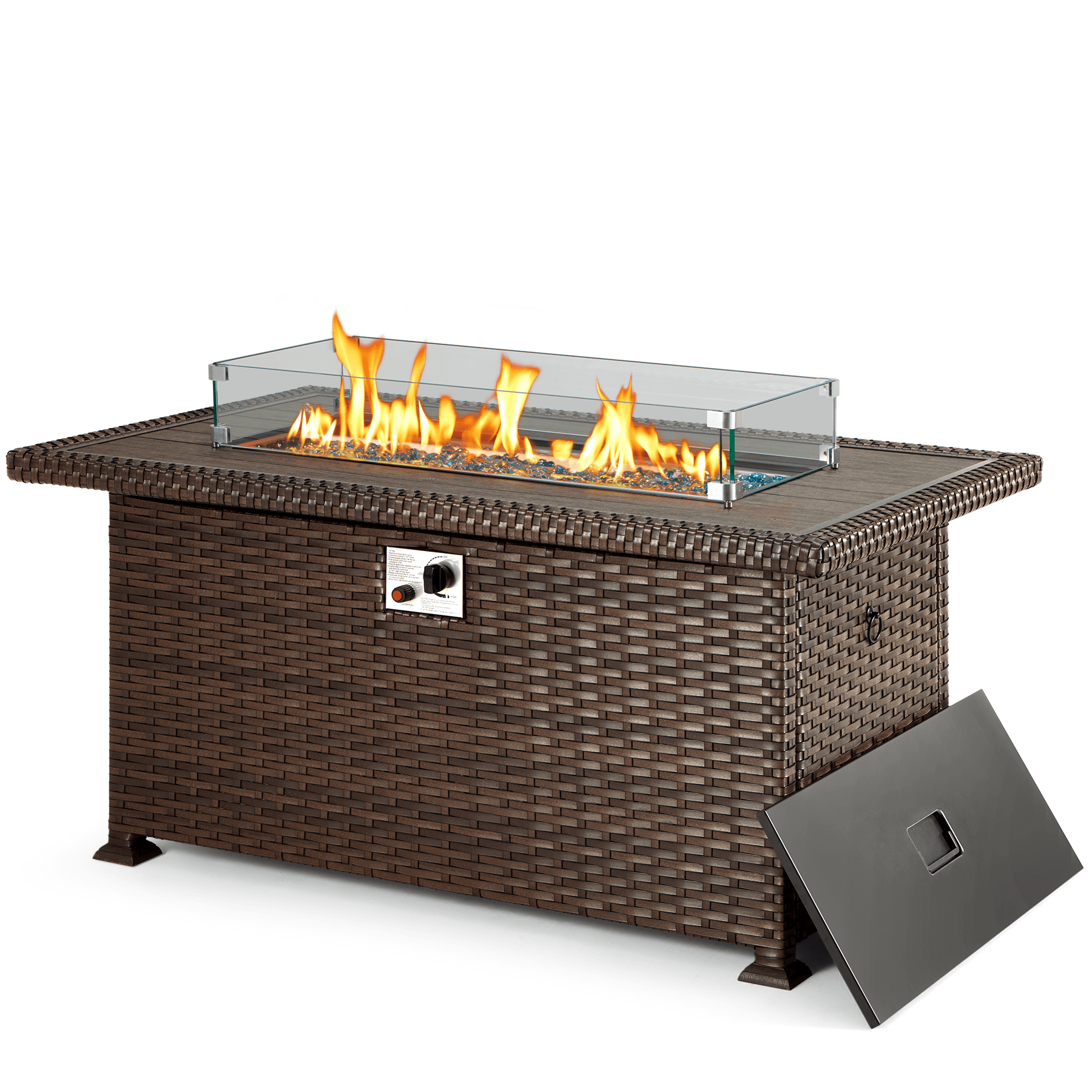 Homrest 50'' propane gas fire pit table 50000 BU auto-ignition with wind guard, brown