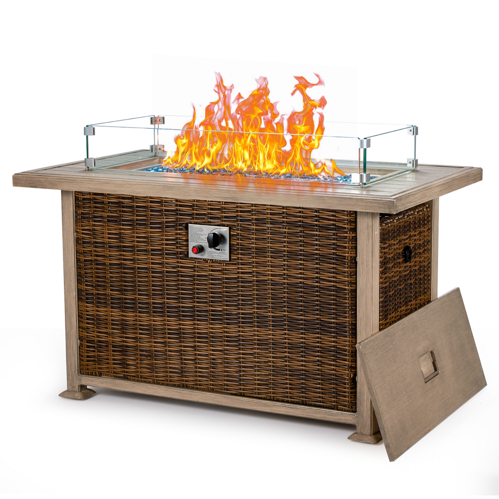 44 in Propane Fire Pit with Aluminum Table Top and Glass Wind Guard, Brown