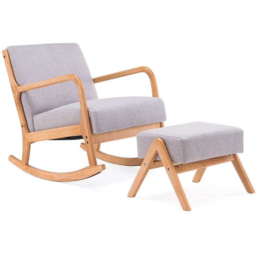 Homrest Fabric Rocking Chair Mid-Century Glider Rocker with Padded Seat, with Ottoman Linen Accent Chair Gray