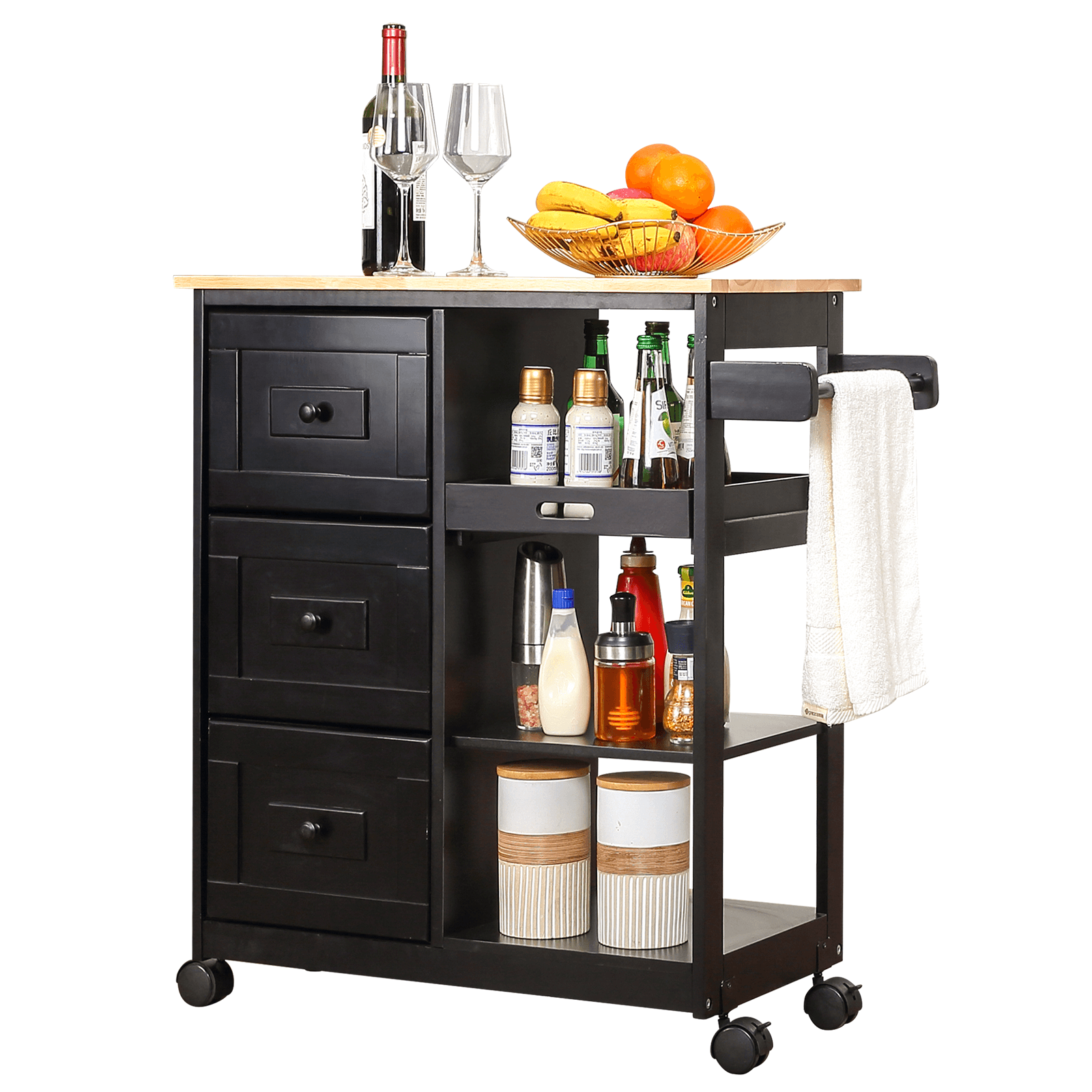 Homrest kitchen islands with countertop & drawer & open shelves and spice rack, black