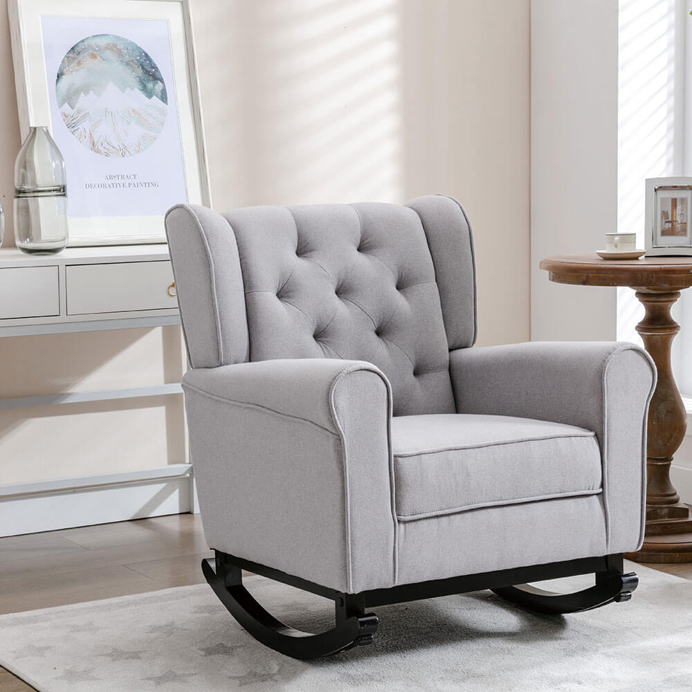 Homrest Mid Century Modern Rocking Chair, Tufted Upholstered Glider with High Back for Living Room, Gray
