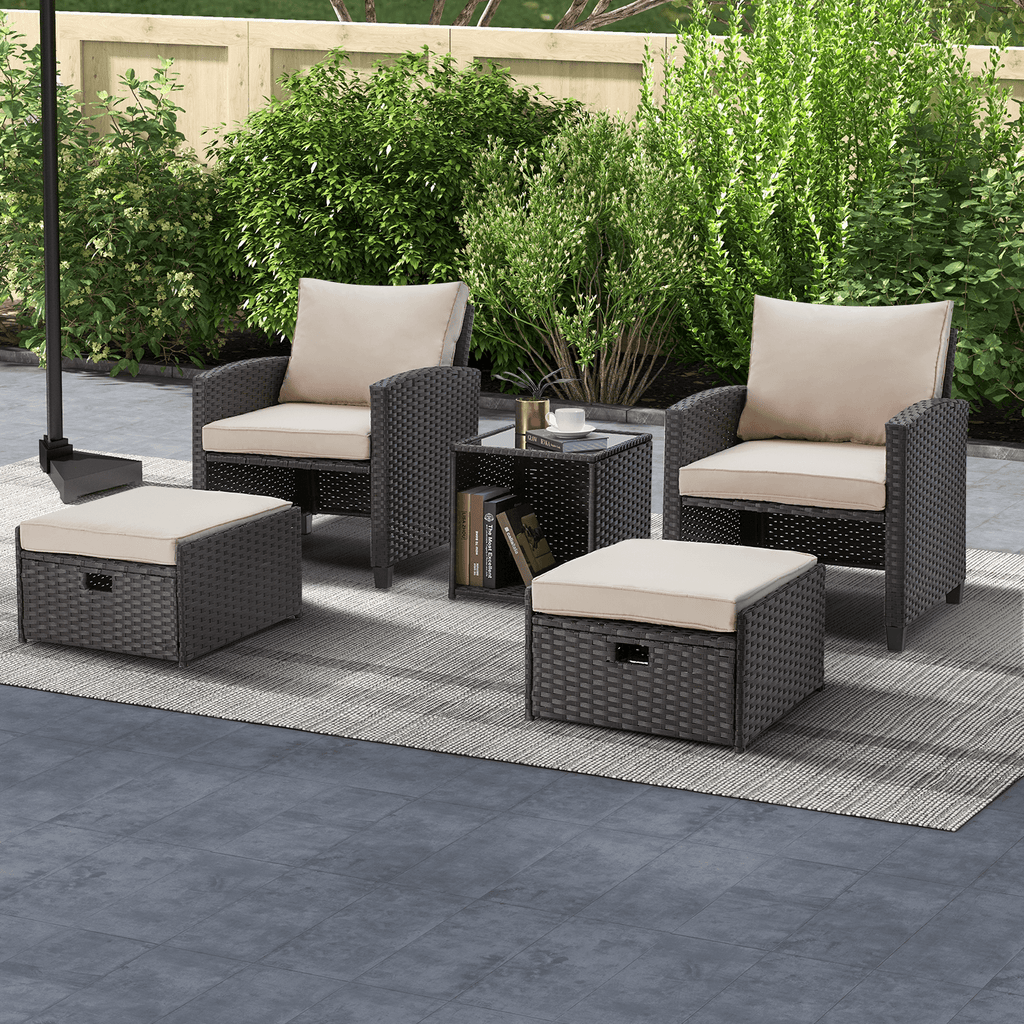 5-Piece Patio Furniture Set, Wicker Rattan Outdoor Chairs with Ottomans & Coffee Glass Table (Khaki)