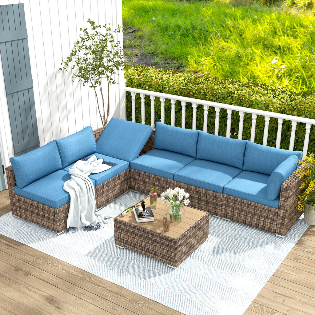 Homrest 7 pieces outdoor rattan sectional sofa with adjustable bracket, cushions and coffee table, blue