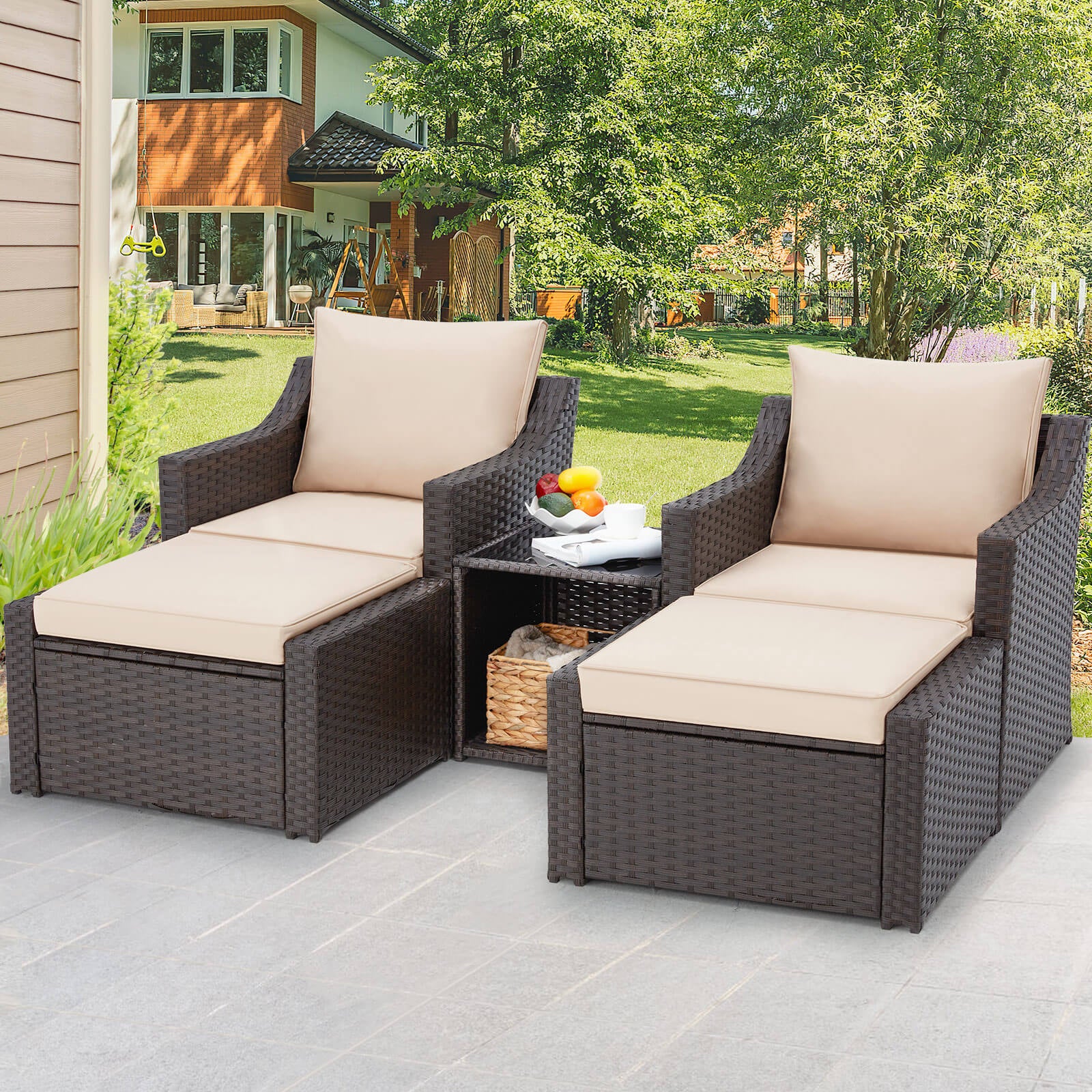 Homrest 5 pcs patio wicker chair recliner conversation set with ottoman and table, brown