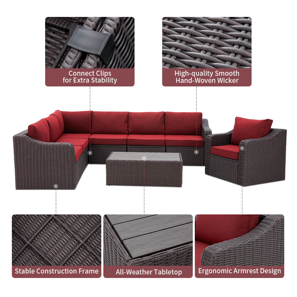  Homrest Outdoor Sectional Sofa All-Weather Conversation Set w/ Red Cushion, Coffee Table for Porch, Garden and Poolside