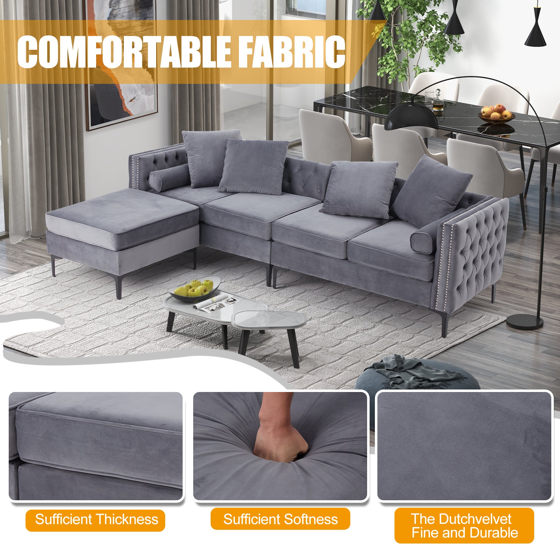 4-Seat Sectional Sleeper Sofa Set with Storage Ottoman for Living Room, Grey | Homrest Furniture