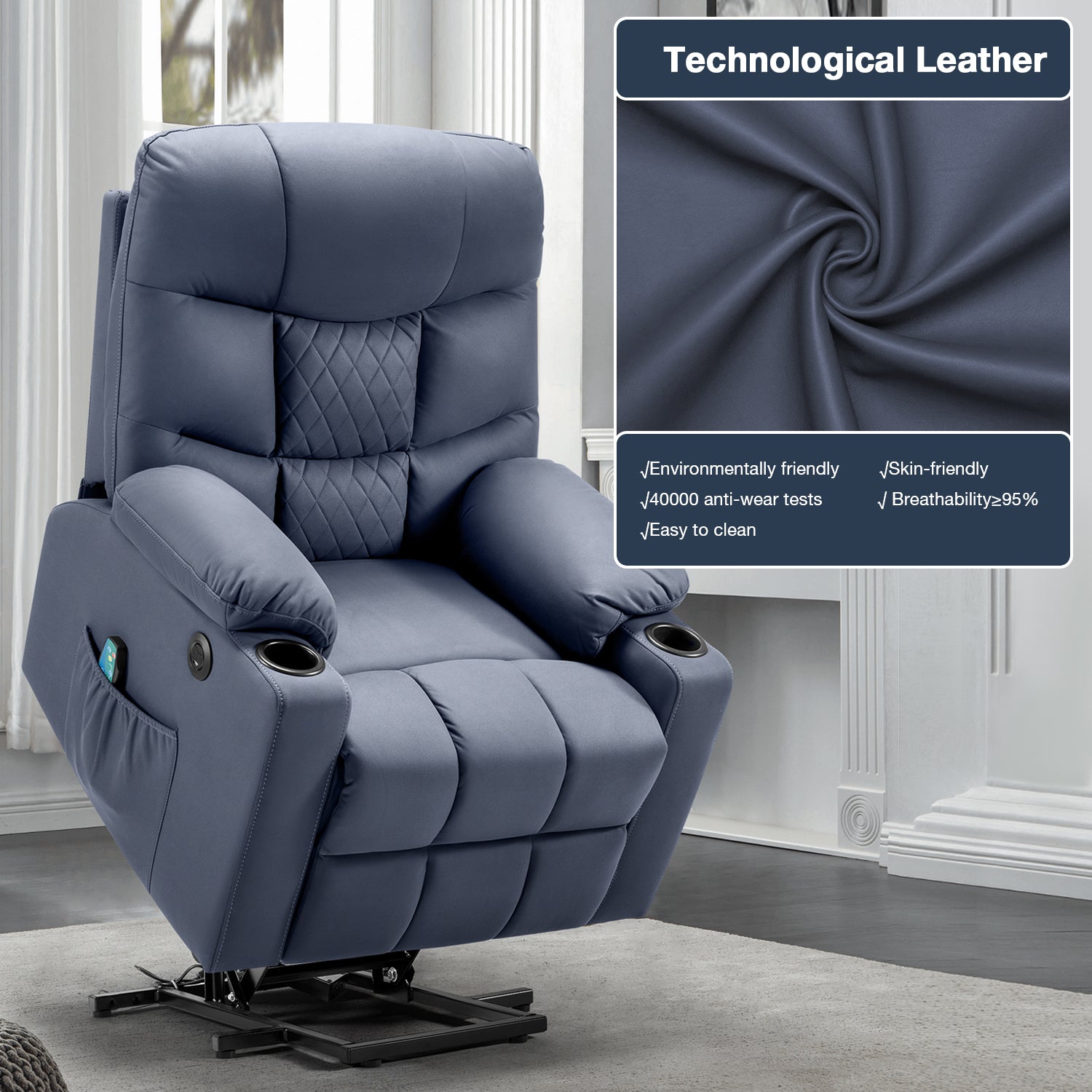 Homrest Electric Power Lift Recliner Chair Sofa with Massage and Heat, Recliner Sofa with 3 Positions Cup Holders, USB Ports(Blue)