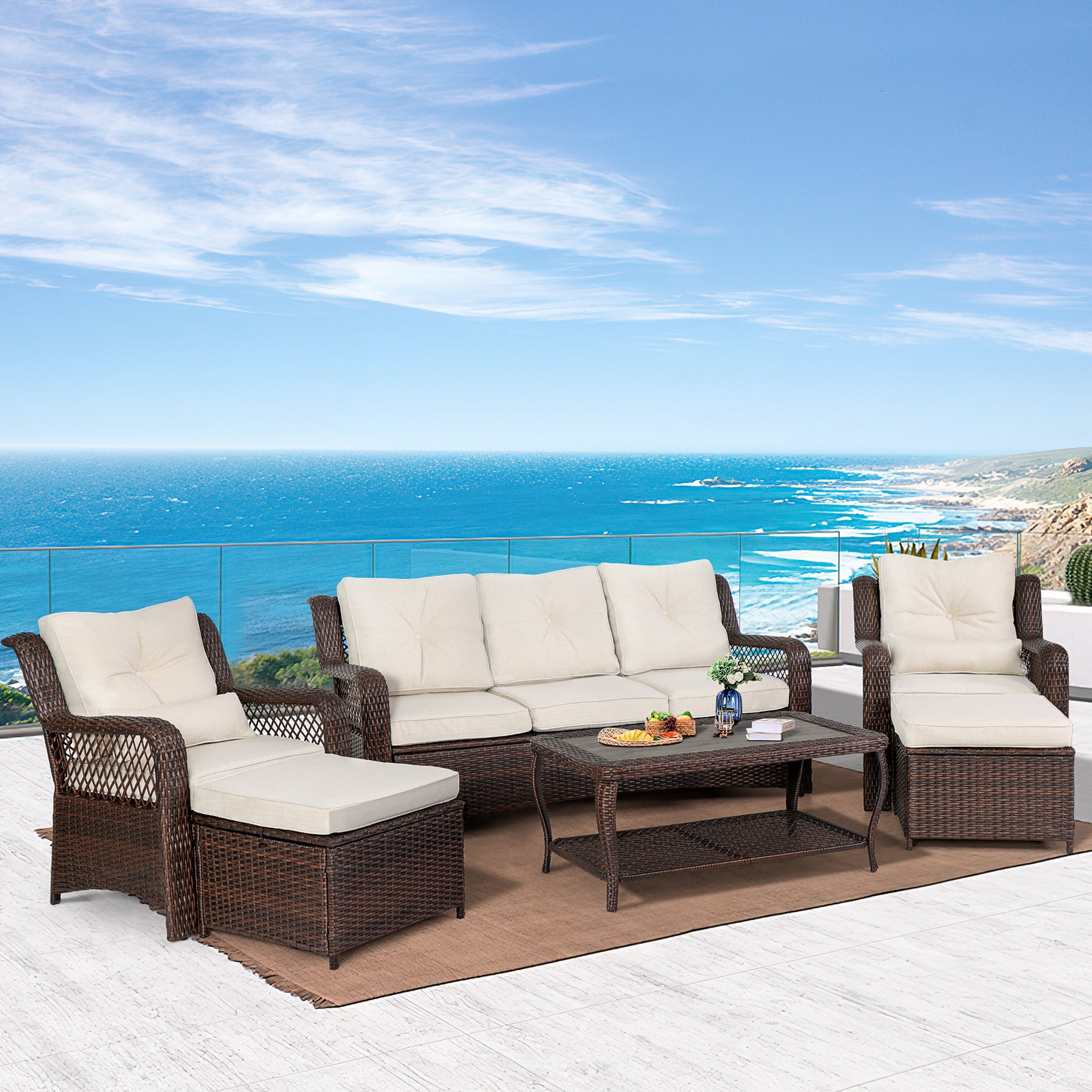 Patio furniture set, 6 pcs rattan outdoor conversation set with ottoman, brown