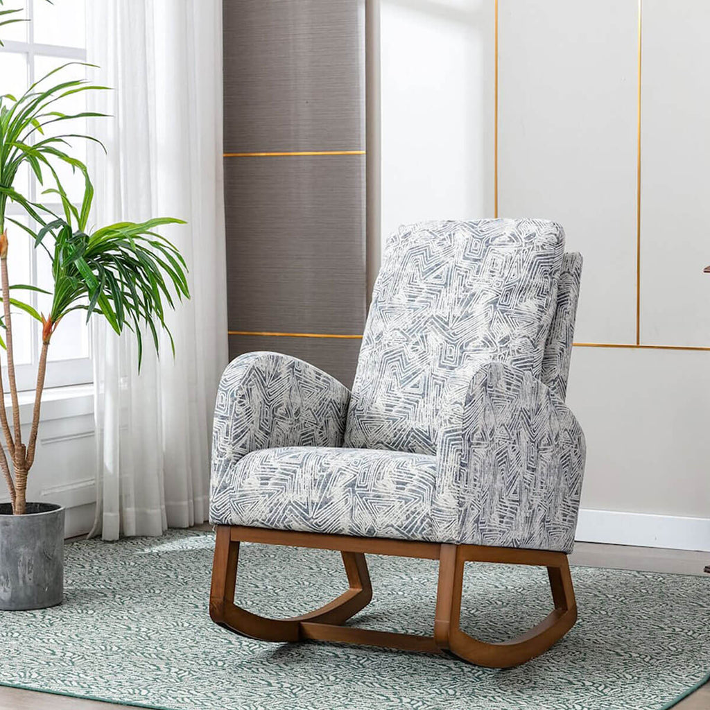 Rocking Chair Mid-Century Modern Nursery Accent Glider Rocker for Living Room (Geometry Blue)