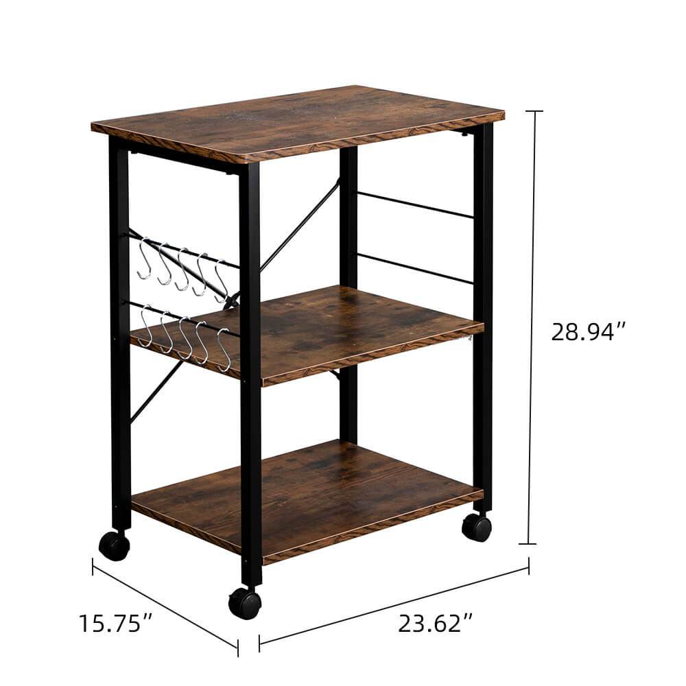 Homrest 3-Tier Kitchen Utility Microwave Oven Stand Vintage Board Top Black Metal Frame