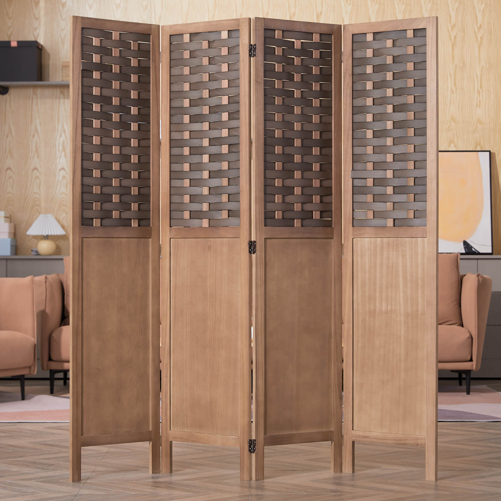 Homrest 4 Panels Wood Room Divider 5.6ft Folding Privacy Screens with Hand-Woven Wicker Rattan, Brown