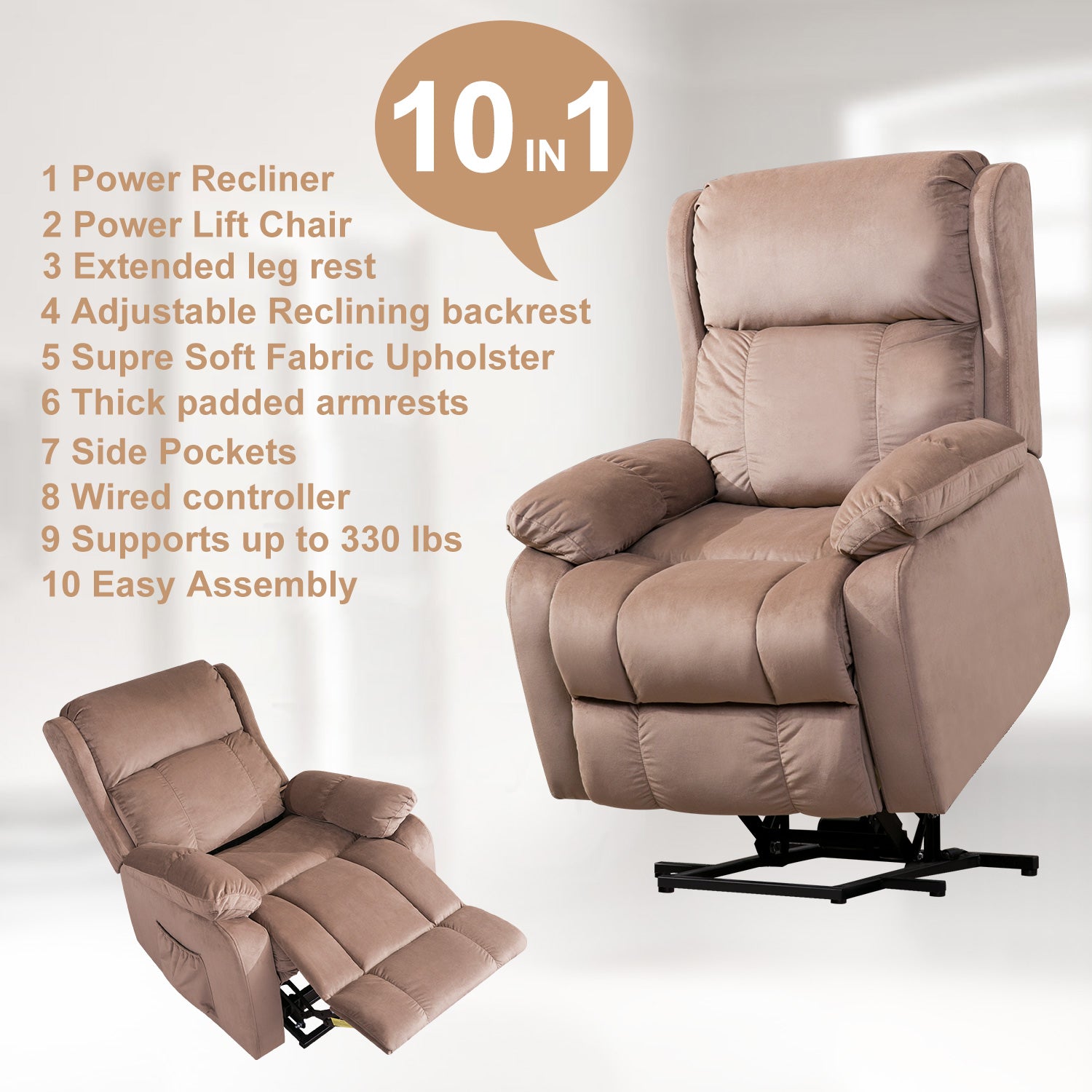 Power Lift Chair Soft Fabric Recliner Living Room Sofa Chair, Beige