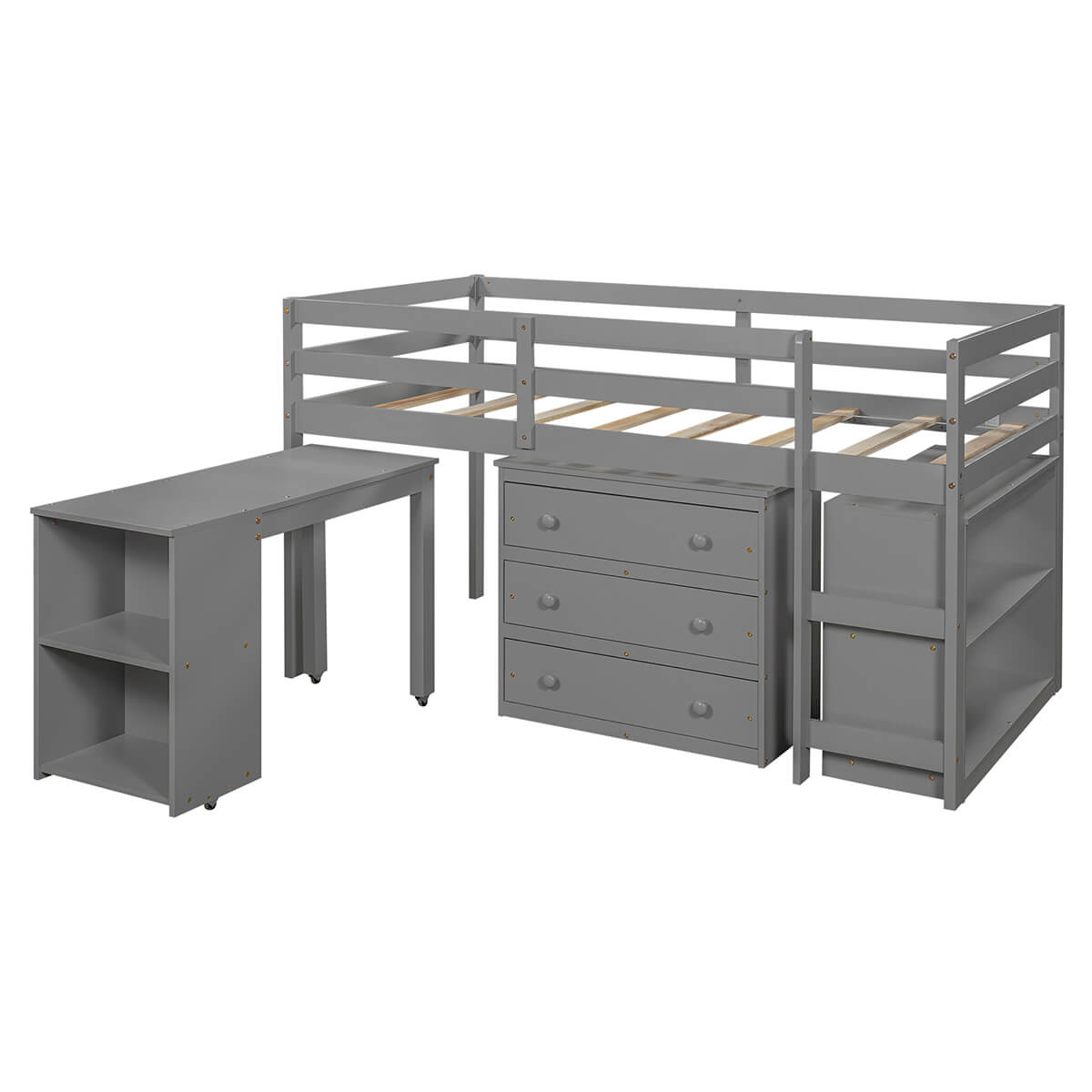 Homrest Low Study Twin Loft Bed with Cabinet and Rolling Portable Desk for Bedroom, Gray