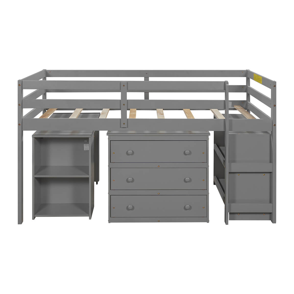 Homrest Low Study Twin Loft Bed with Cabinet and Rolling Portable Desk for Bedroom, Gray