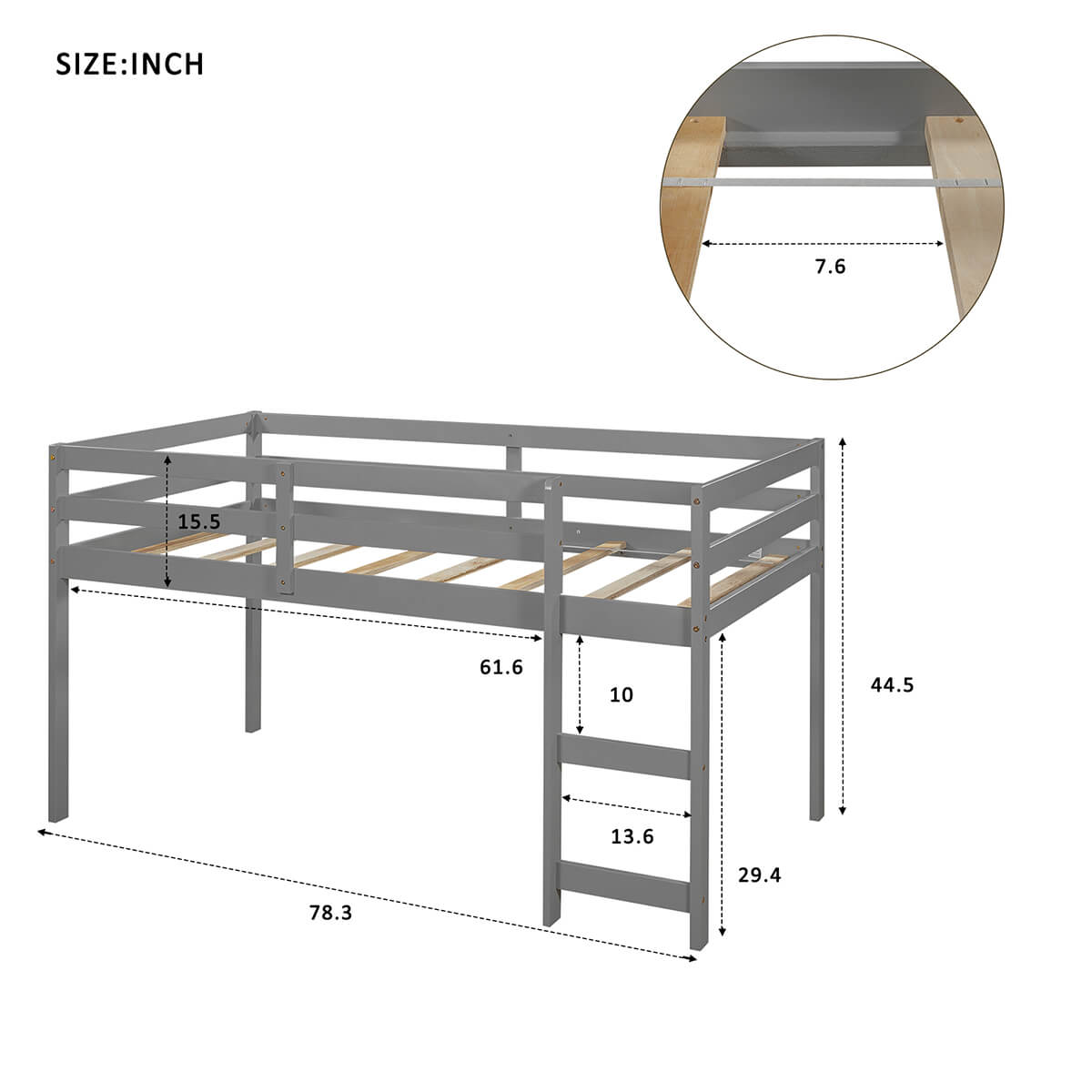 Homrest Low Study Twin Loft Bed with Cabinet and Rolling Portable Desk for Bedroom, Gray