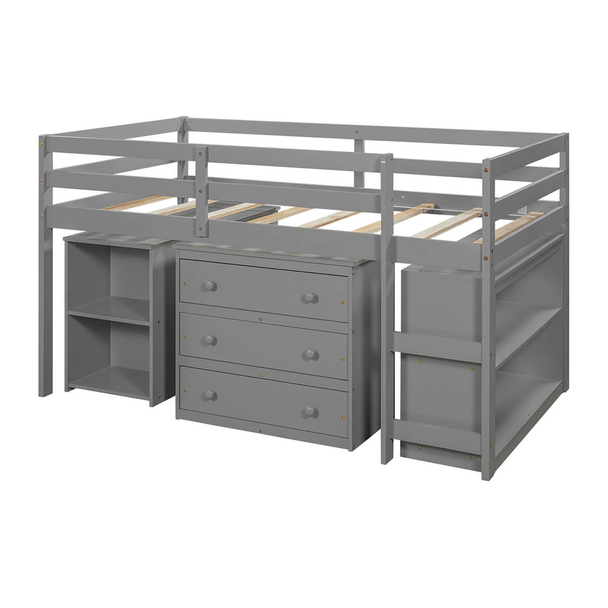 Homrest Low Study Twin Loft Bed with Cabinet and Rolling Portable Desk for Bedroom, Gray