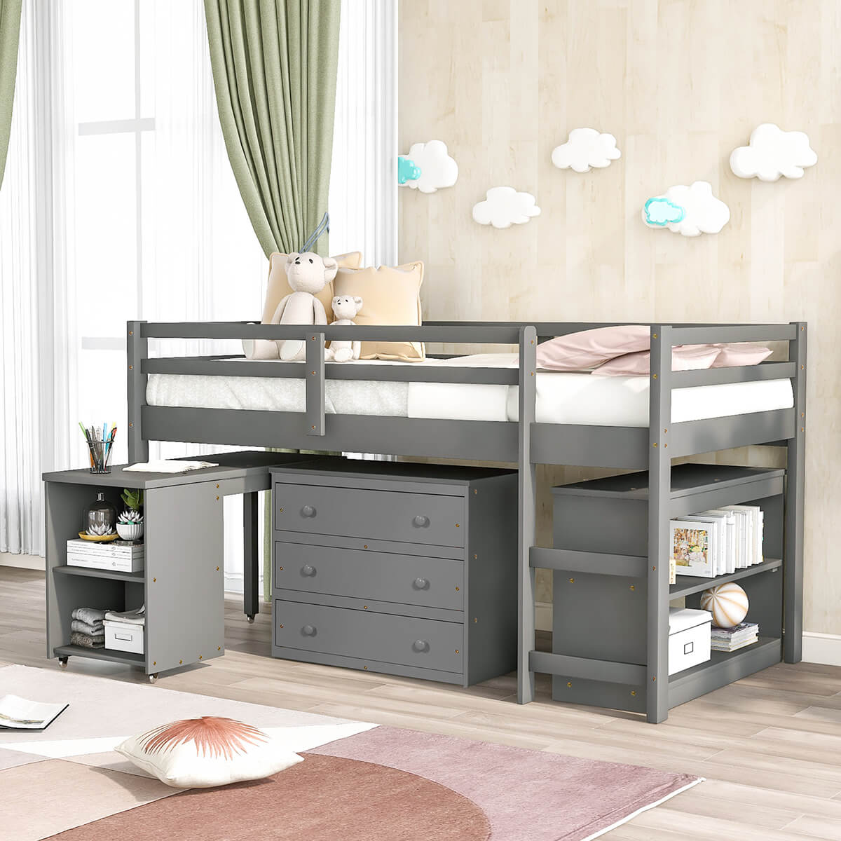 Homrest Low Study Twin Loft Bed with Cabinet and Rolling Portable Desk for Bedroom, Gray