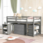 Homrest Low Study Twin Loft Bed with Cabinet and Rolling Portable Desk for Bedroom, Gray