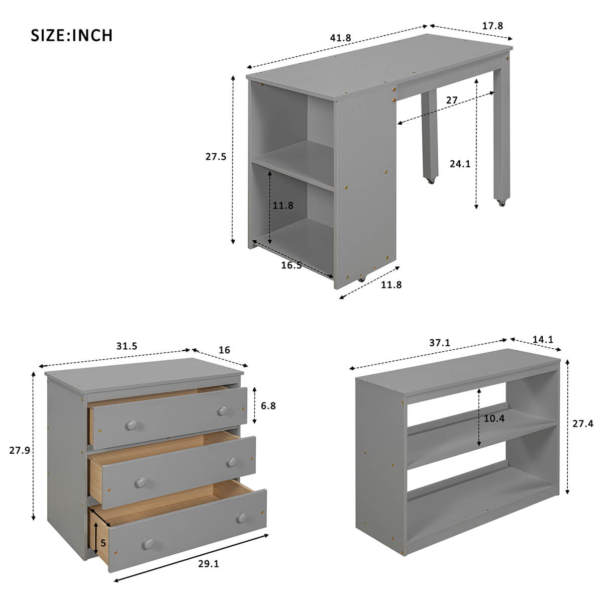 Homrest Low Study Twin Loft Bed with Cabinet and Rolling Portable Desk for Bedroom, Gray