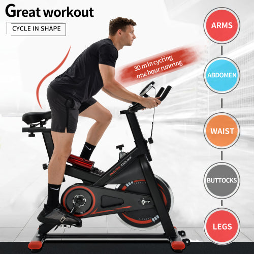 Indoor Cycling Bike Trainer with Belt Drive System & LCD Monitor, Exercise Bike for for Home Workout(Black & Red)