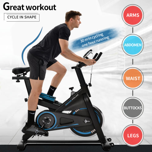 Indoor Cycling Bike Trainer with Belt Drive System & LCD Monitor, Exercise Bike for for Home Workout(Black & Blue)