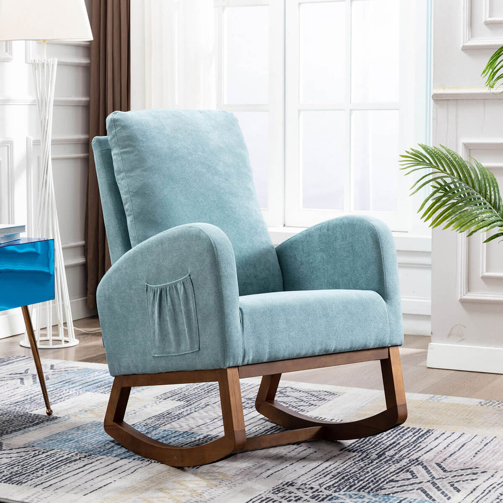 Mid Century Rocking Chair Glider Rocker Armchair Retro Upholstered Indoor Nursery Chair, Light Blue