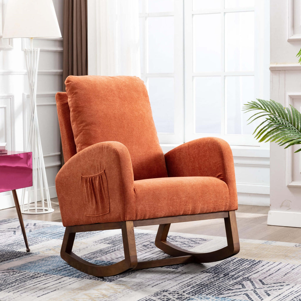 Mid Century Rocking Chair Glider Rocker Armchair Retro Upholstered Indoor Nursery Chair, Orange