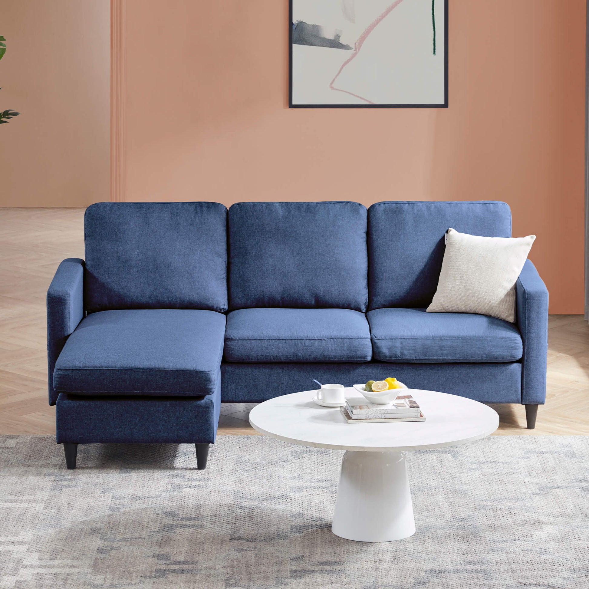 Linen sectional sofa for living room, blue