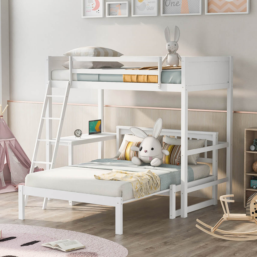 Twin Size Loft Bed Wood Bed with Convertible Lower Bed and Desk, White