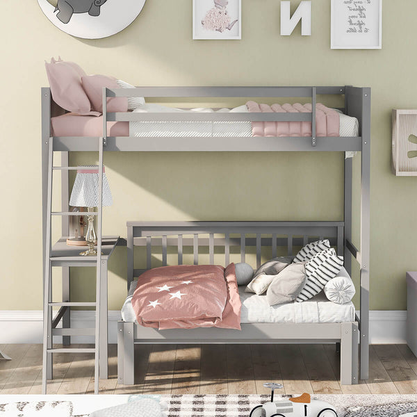 Twin Size Loft Bed Wood Bed with Convertible Lower Bed and Desk, Gray