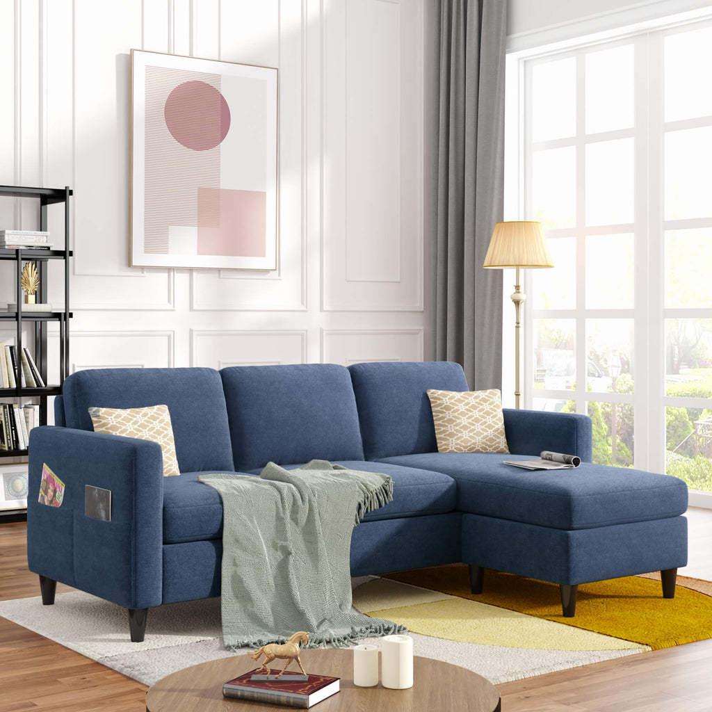 Homrest Linen Sectional Sofa Convertible Couch with Reversible Chaise (Blue)