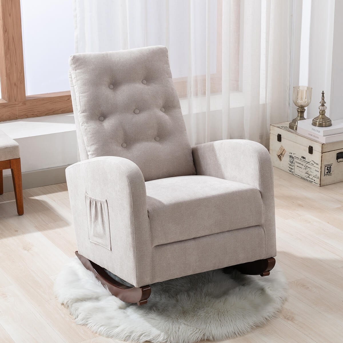Homrest mid century rocking chair fabric paddad seat indoor nursery chair, tan