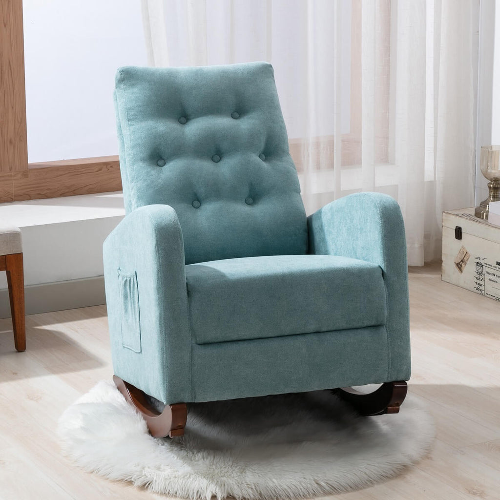 Rocking Chair High Back Mid Century Accent Upholstered Armchair Chair Fabric Padded Seat Indoor Nursery Chair, Light Blue