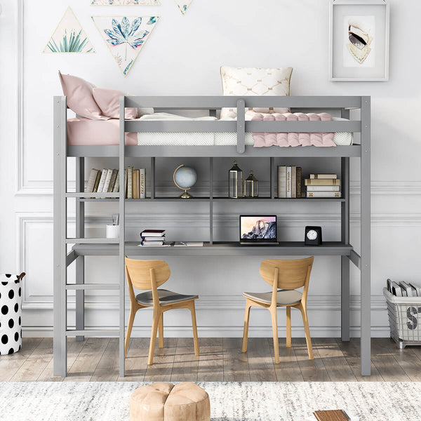 Twin Loft Bed with Desk and Shelves, Gray