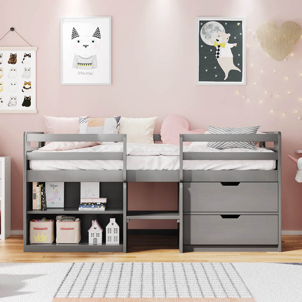 Twin Size Loft Bed with Two Shelves and Two Drawers, Gray