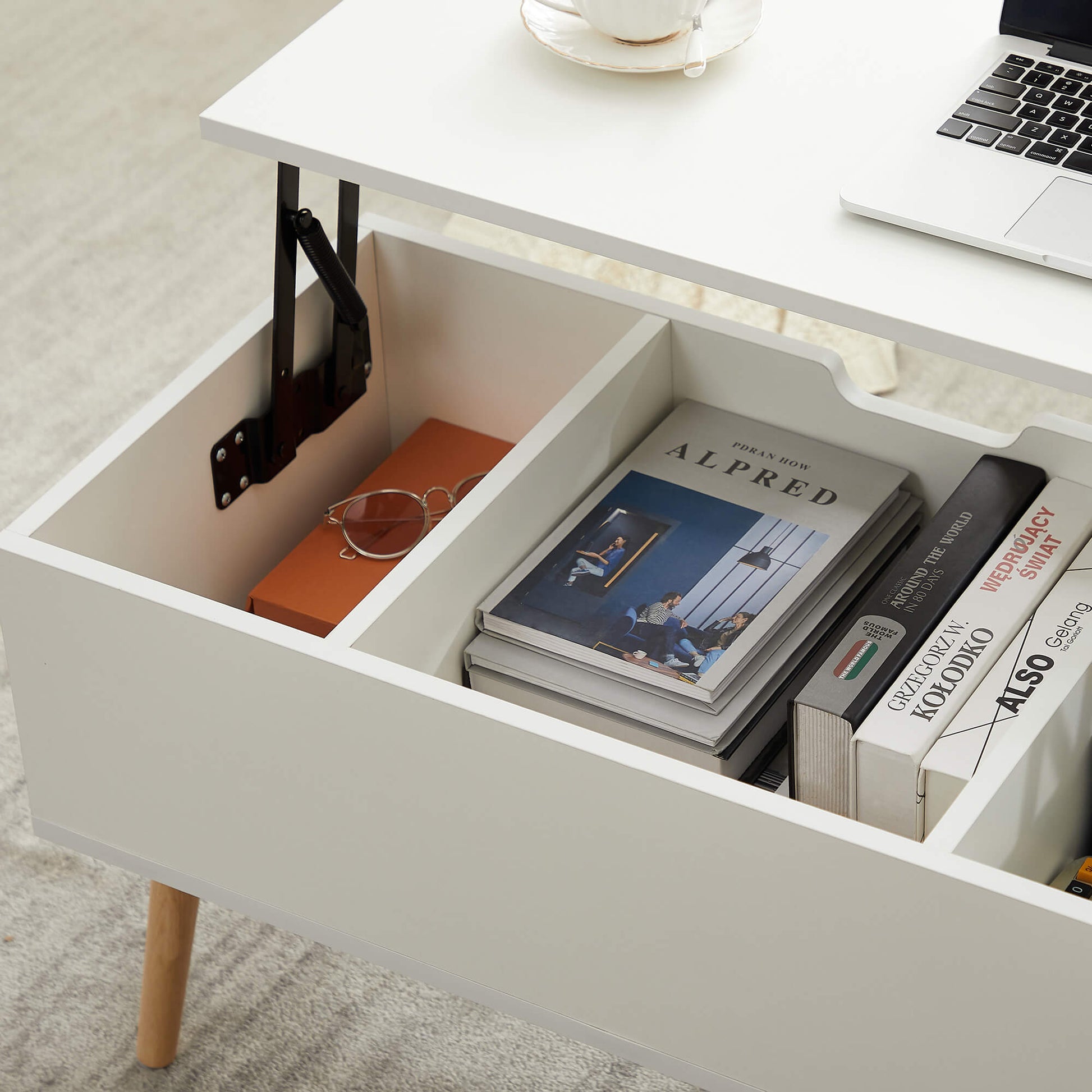 Homrest 43.3" Lift Top Coffee Table with Hidden Compartment and Adjustable Storage Shelf Wood Dinning Table (White)
