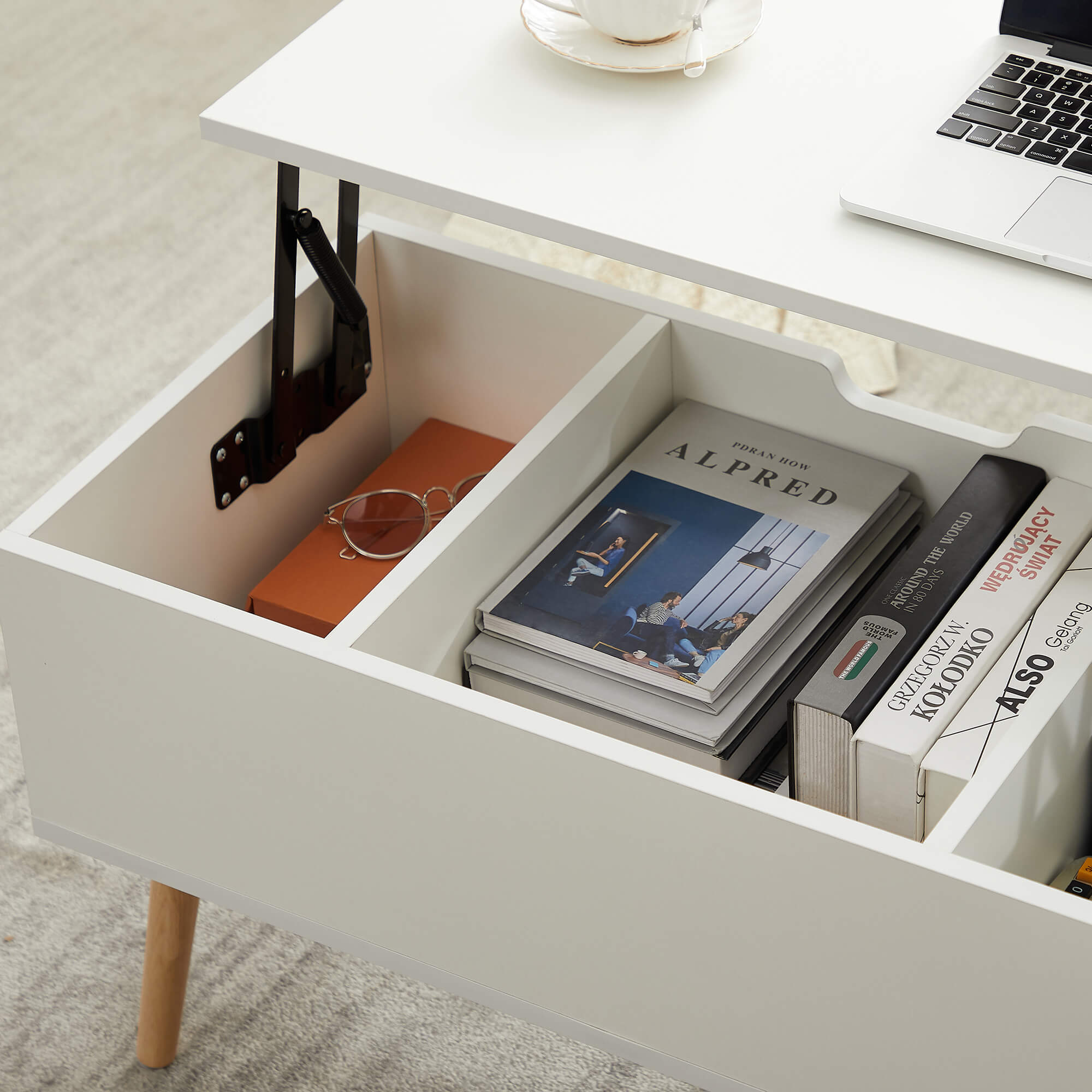 Homrest 43.3" Lift Top Coffee Table with Hidden Compartment and Adjustable Storage Shelf Wood Dinning Table (White)