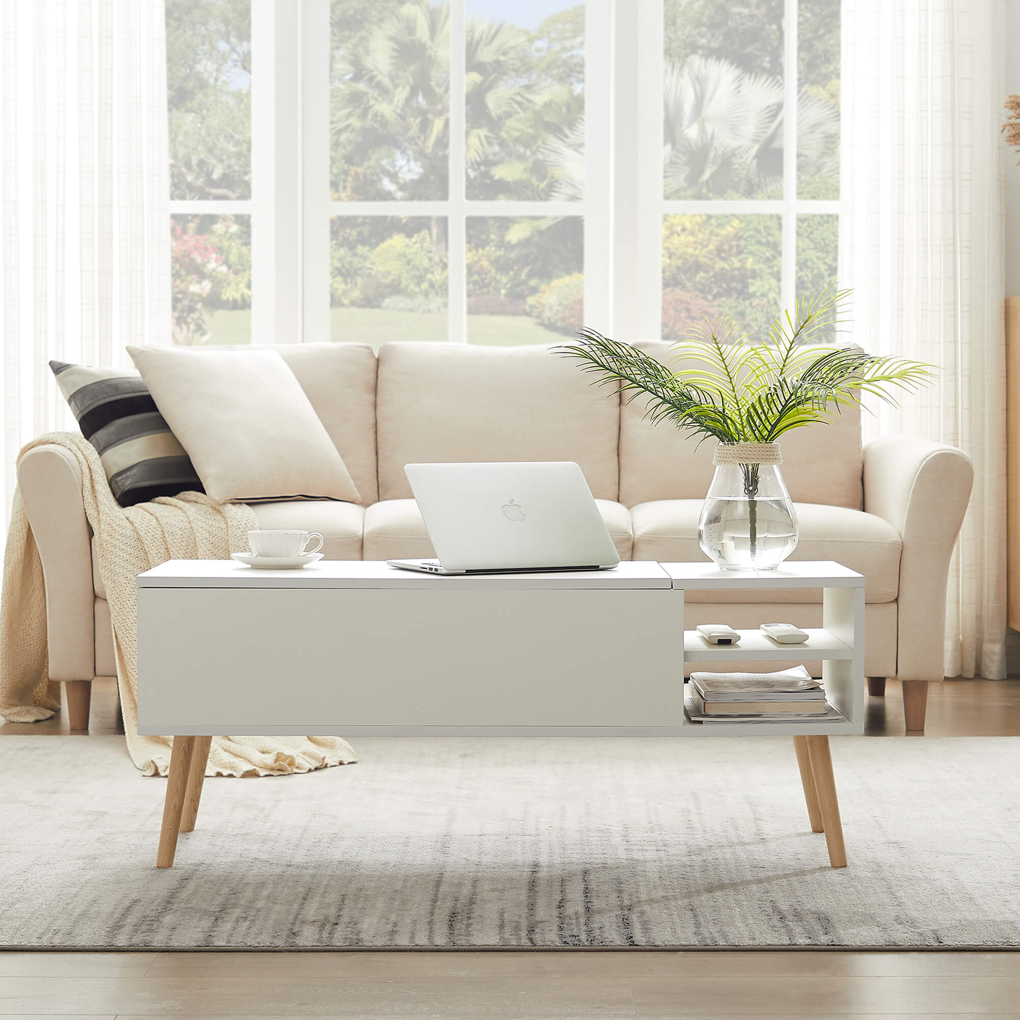 Homrest 43.3" Lift Top Coffee Table with Hidden Compartment and Adjustable Storage Shelf Wood Dinning Table (White)