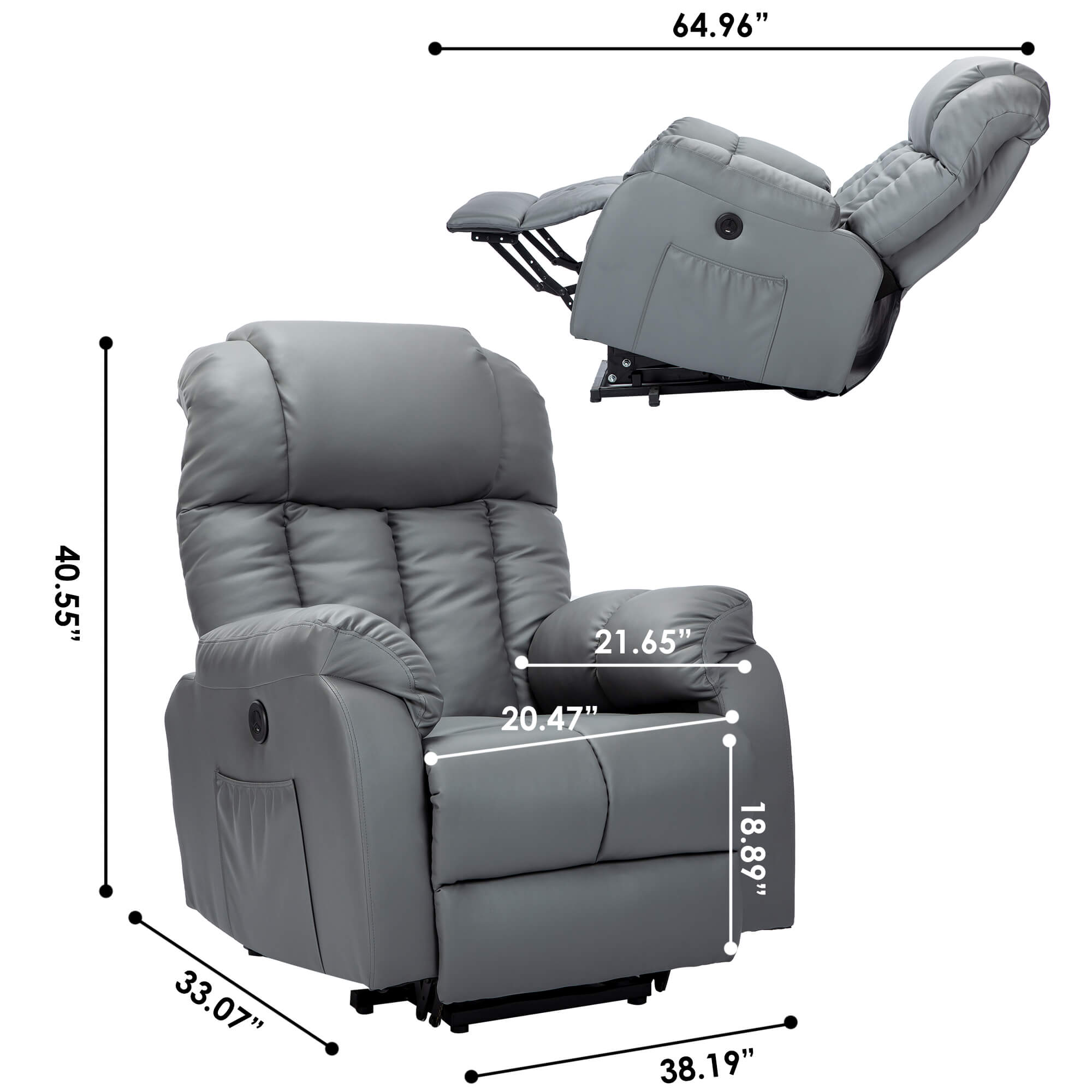 Homrest Electric Power Recliner Lift Chair Faux Leather Electric Recliner for Elderly with Side Pockets, USB Charge Port, Grey
