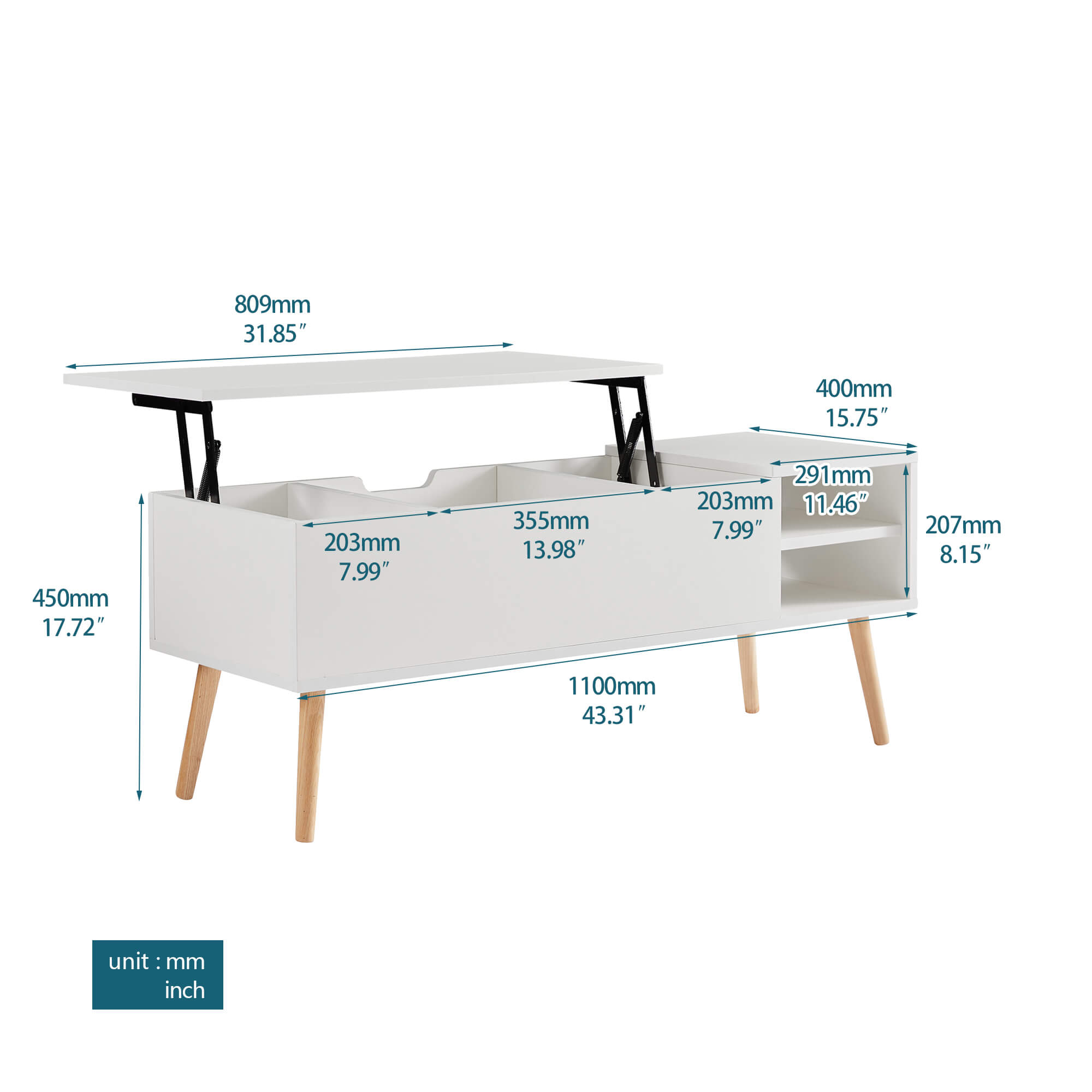 Homrest 43.3" Lift Top Coffee Table with Hidden Compartment and Adjustable Storage Shelf Wood Dinning Table (White)