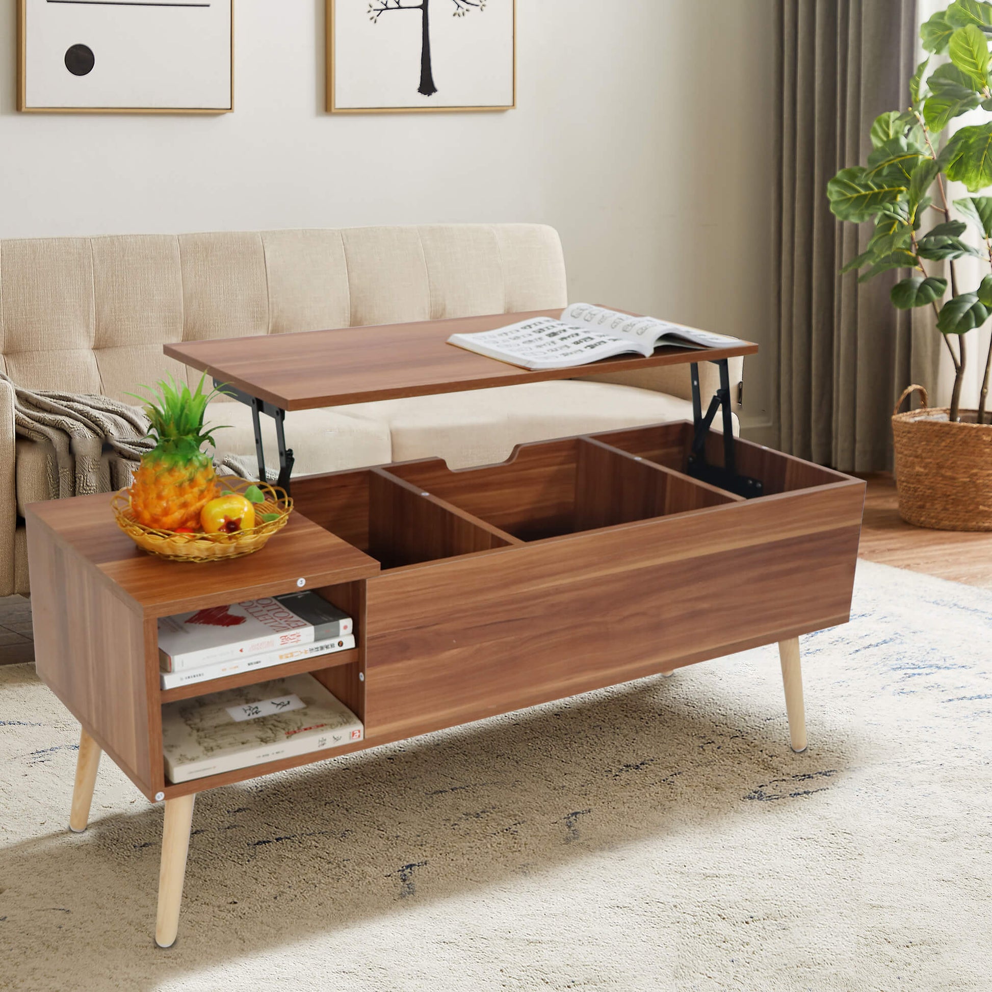 Homrest 43.3" Lift Top Coffee Table with Hidden Compartment and Adjustable Storage Shelf Wood Dinning Table (Brown)