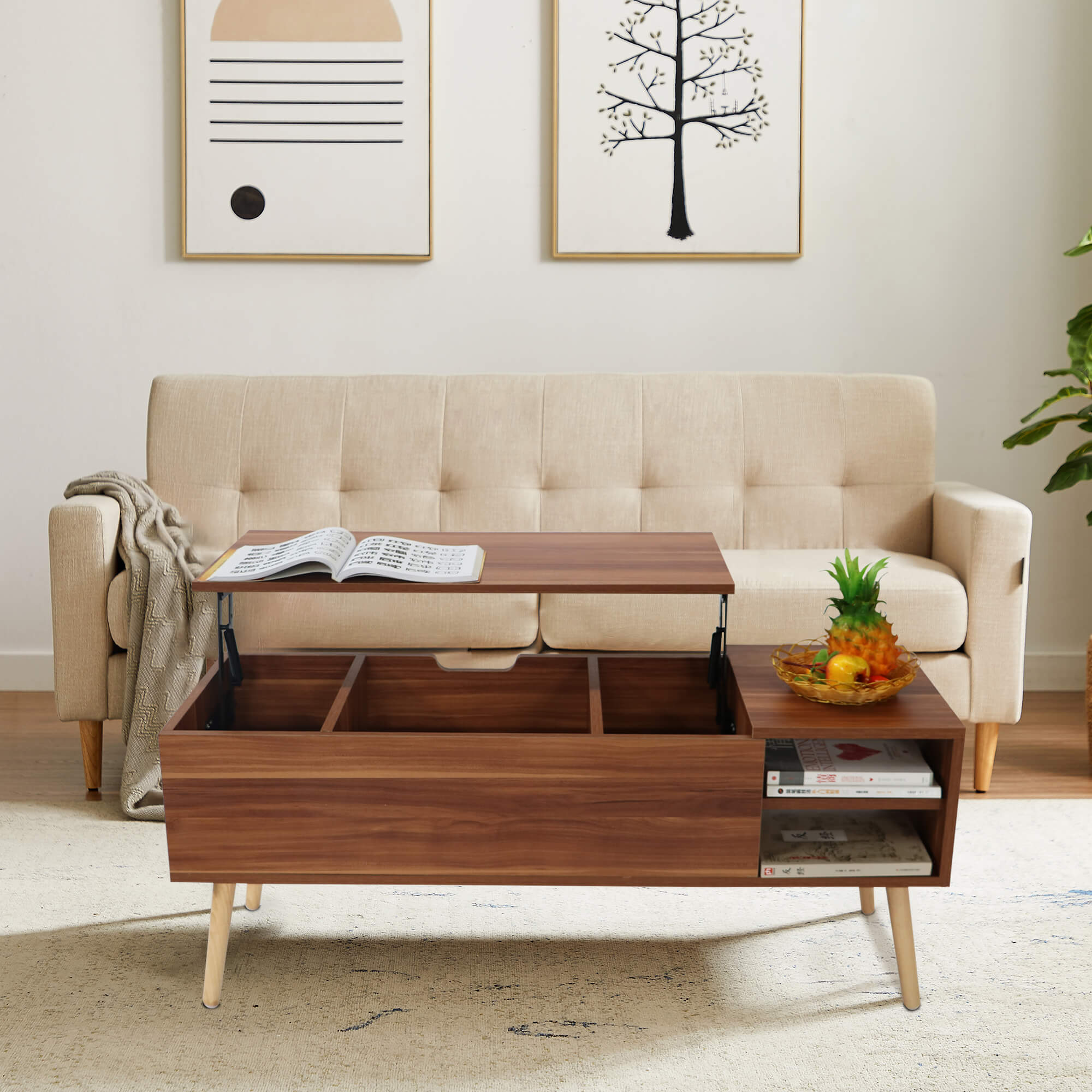 Homrest 43.3" Lift Top Coffee Table with Hidden Compartment and Adjustable Storage Shelf Wood Dinning Table (Brown)