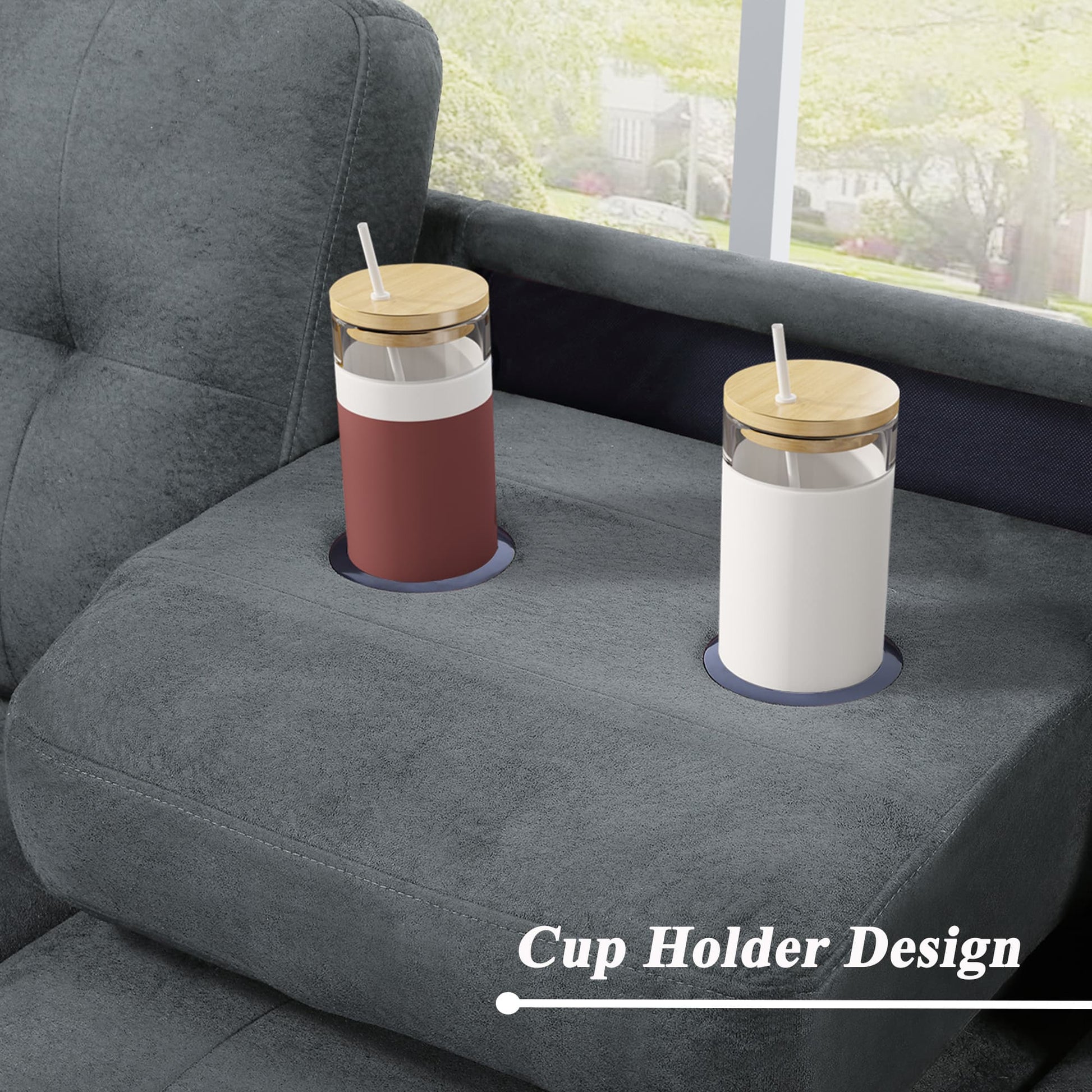 Sectional Sofa with Reversible Chaise Lounge L-Shaped Couch with Storage Ottoman and Cup Holders (Dark Grey) | Homrest Furniture