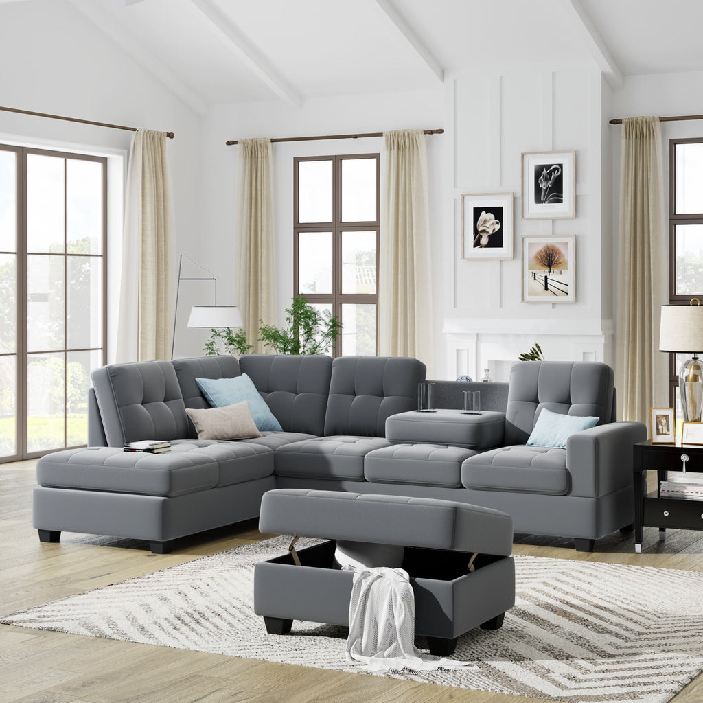 Sectional Sofa with Reversible Chaise Lounge L-Shaped Couch with Storage Ottoman and Cup Holders (Dark Grey)