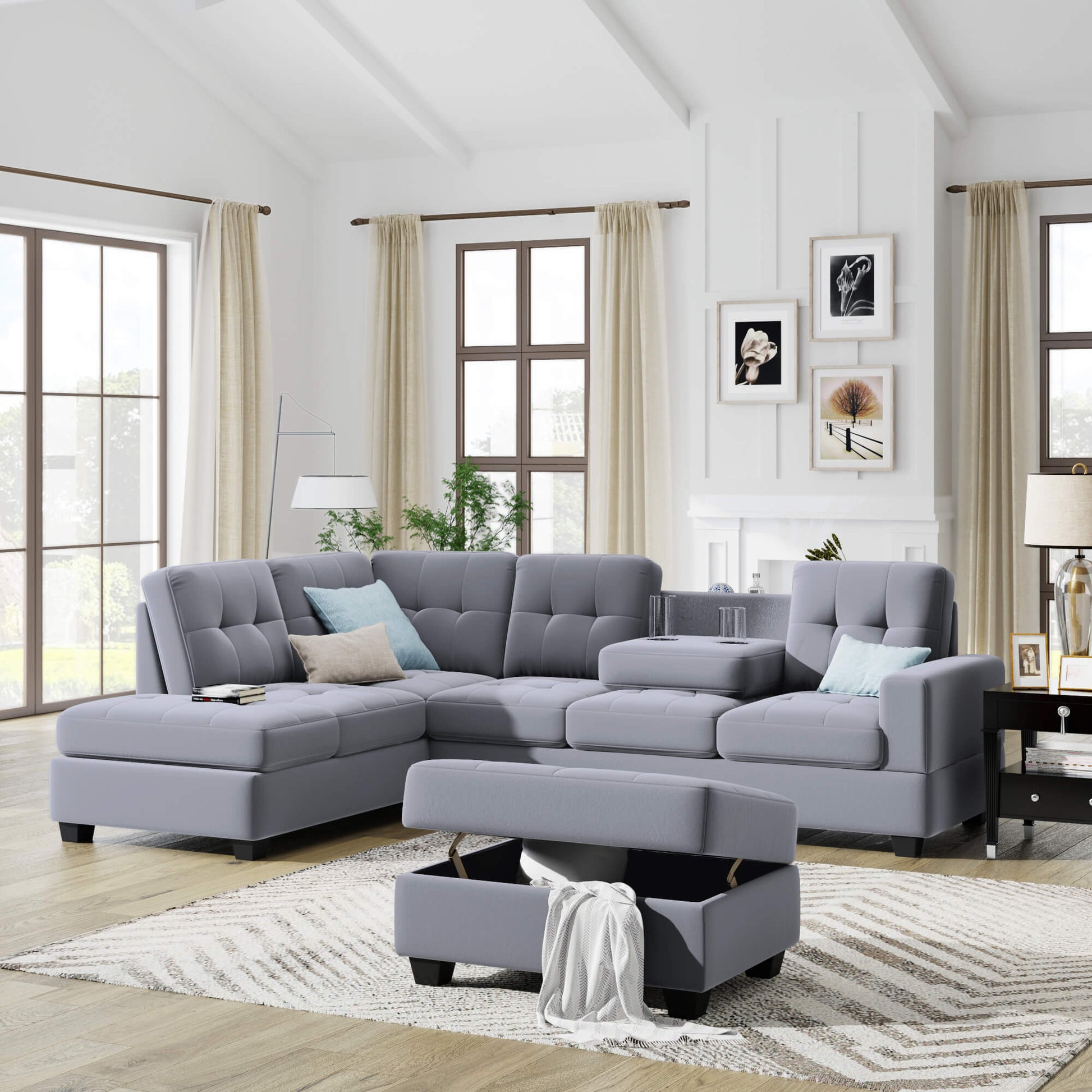 Homrest Sectional Sofa with Reversible Chaise Lounge L-Shaped Couch with Storage Ottoman and Cup Holders (Light Grey)