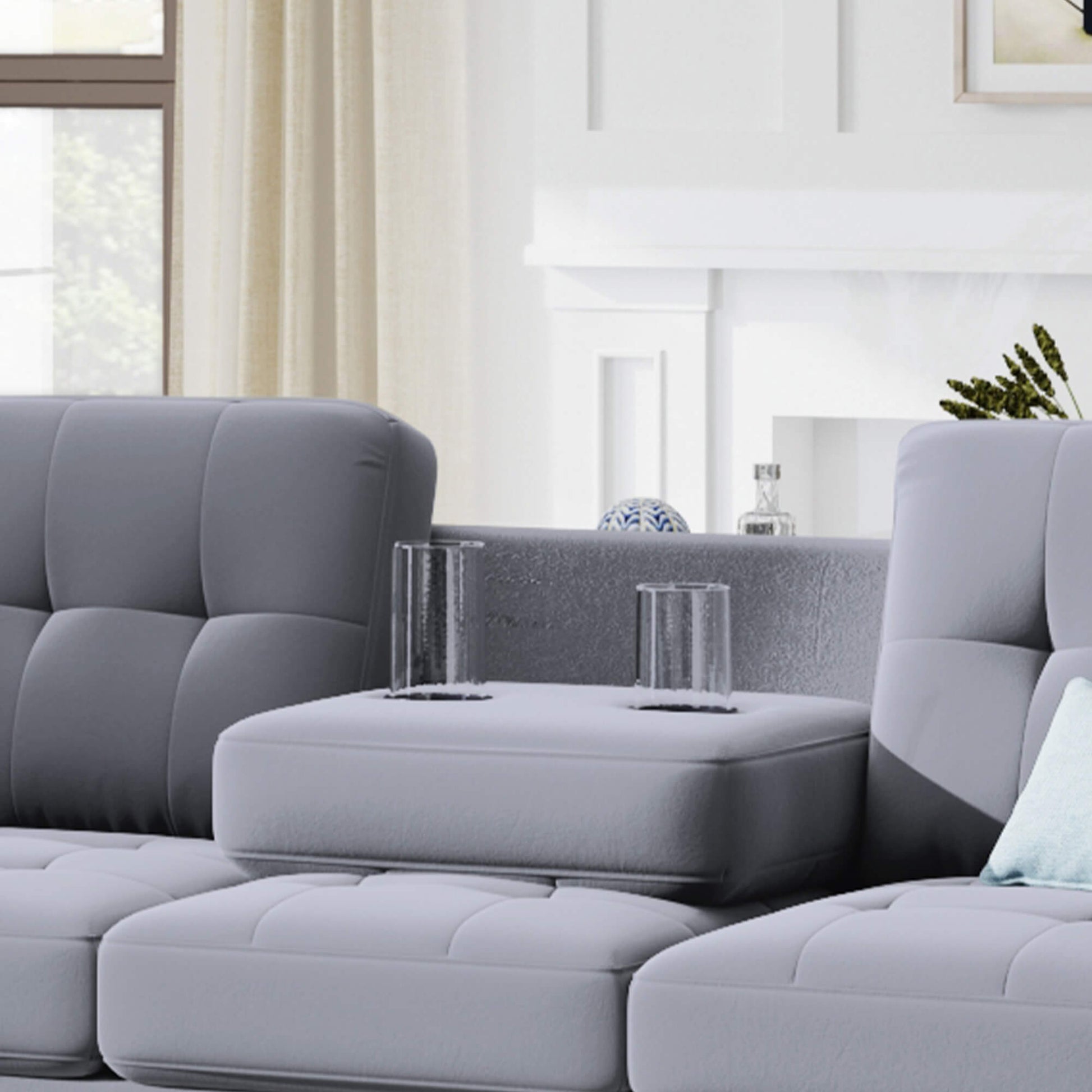 Homrest Sectional Sofa with Reversible Chaise Lounge L-Shaped Couch with Storage Ottoman and Cup Holders (Light Grey)